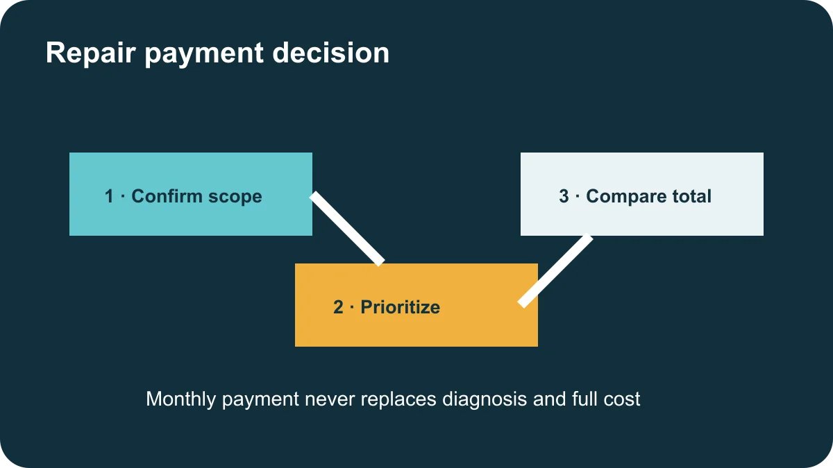 Repair financing decision flow from diagnosis and priorities to written cost, payment terms, and records