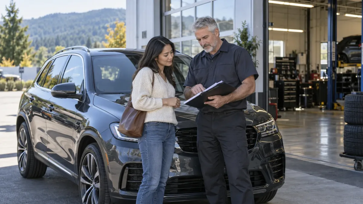 Technician and Audi Q5 owner reviewing service history beside the vehicle