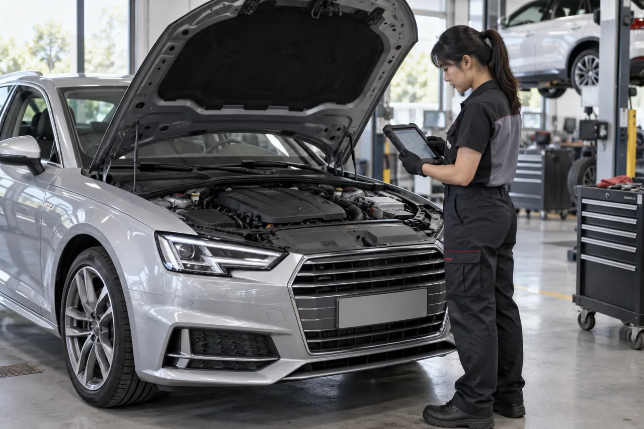 Female technician reviewing diagnostic data beside a silver Audi-style European sedan