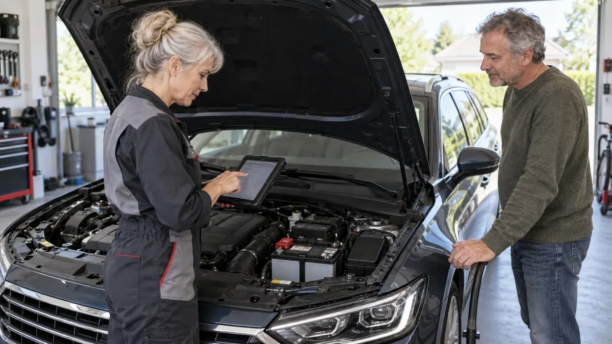 Technician registering a replacement battery on a European wagon with a diagnostic tablet