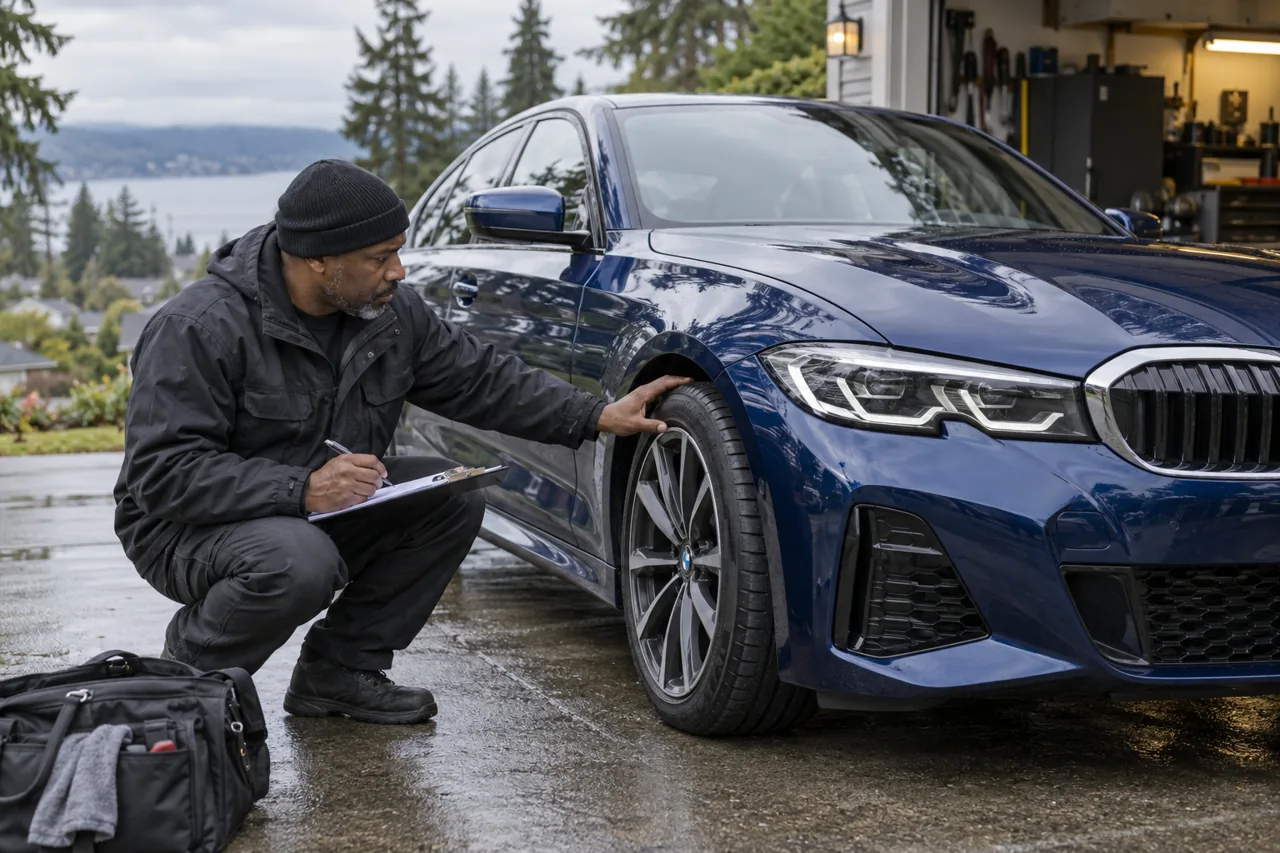 Technician checking the tire condition of a blue BMW-style sedan before a road test