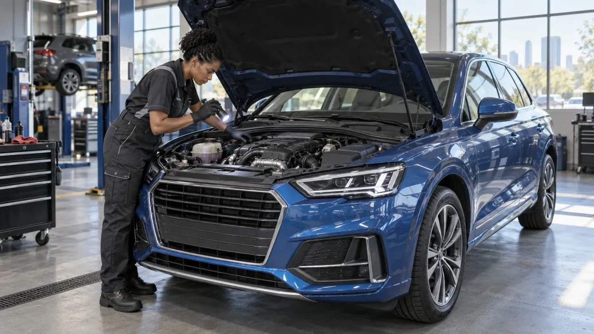 Woman technician inspecting a BMW X3 in an independent European workshop