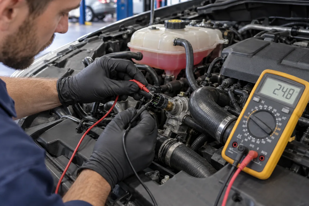 Technician testing a coolant temperature sensor connector with a multimeter