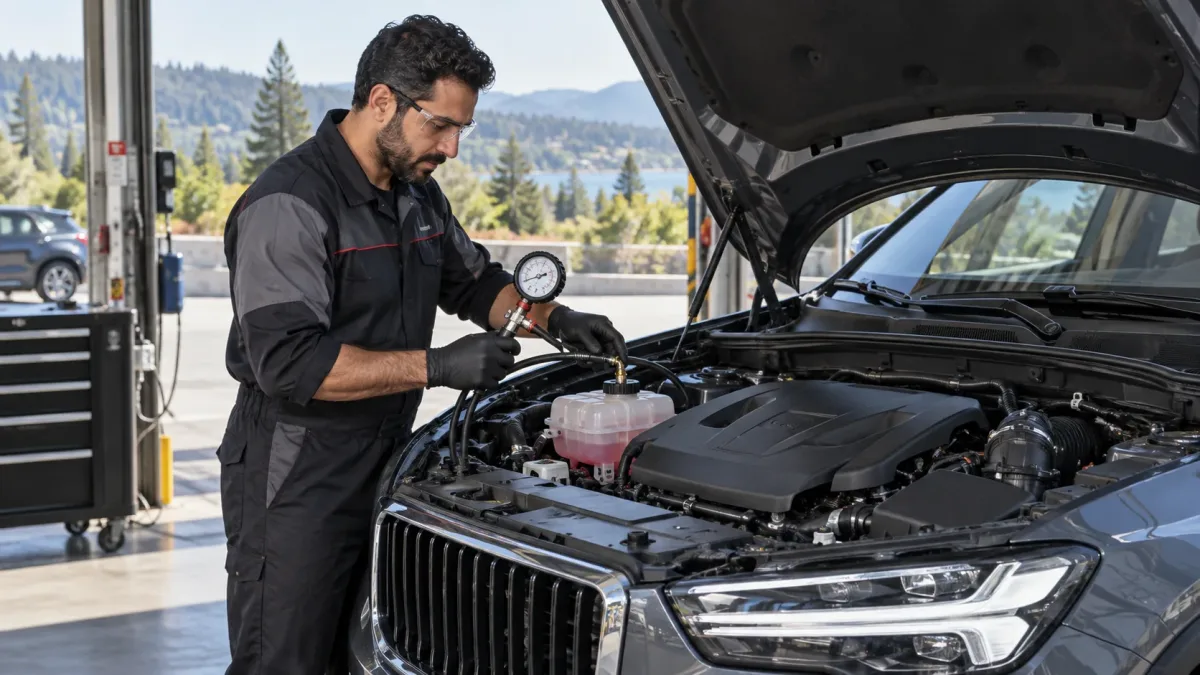 Technician pressure-testing a cooling system on a compact European SUV