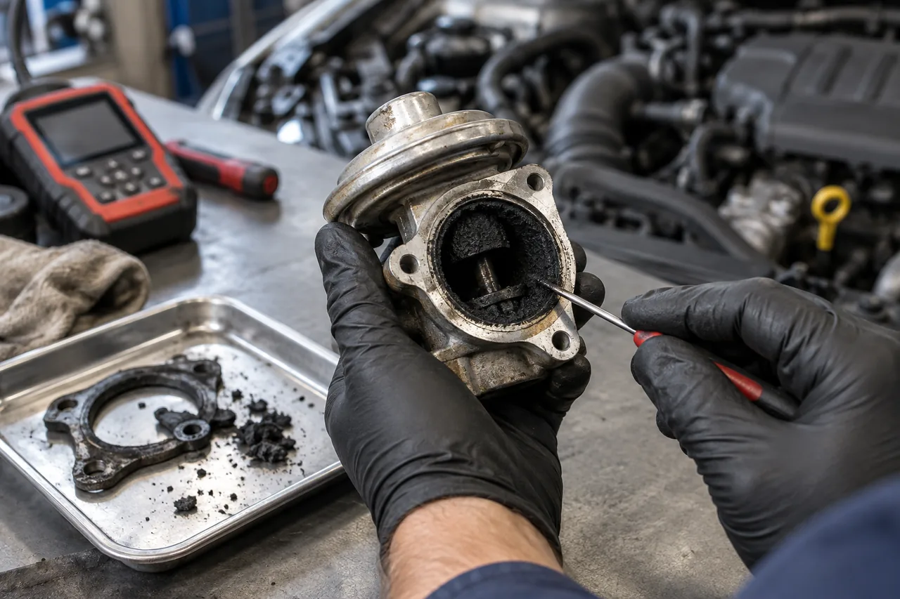 Technician inspecting carbon buildup inside an EGR valve