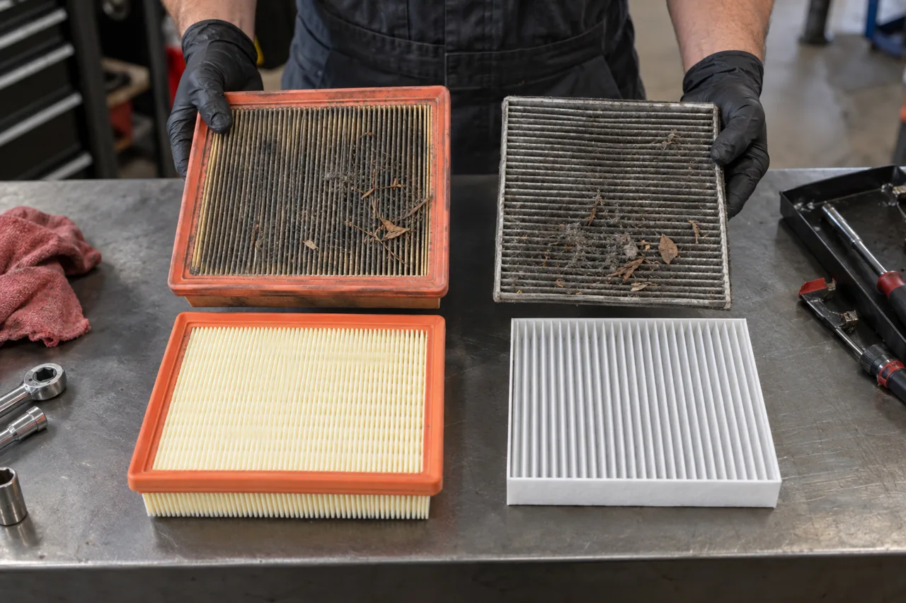 Used and replacement engine and cabin air filters compared on a service bench