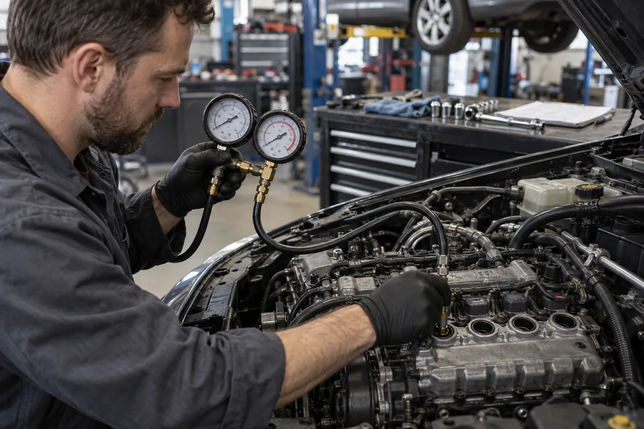 Technician performing compression and cylinder leak-down testing before major engine repair