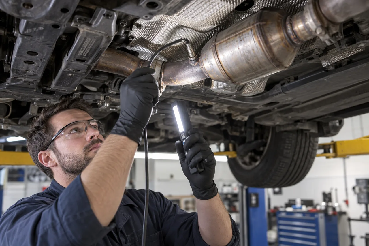 Technician inspecting an oxygen sensor and catalytic converter area beneath a vehicle