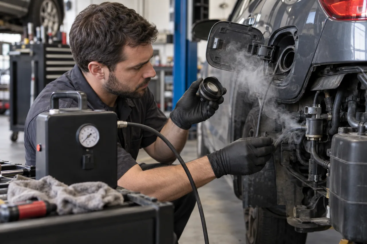 Automotive EVAP system being checked with a professional smoke tester
