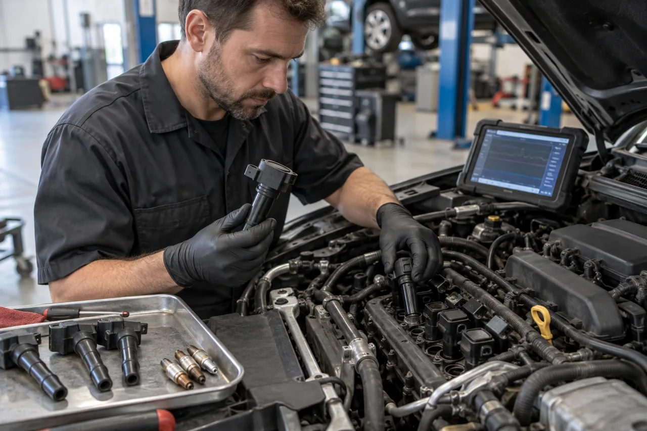 Technician comparing ignition coils and spark plugs while reviewing live misfire data