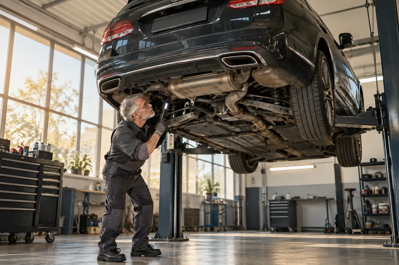 Experienced technician inspecting the underside of a Mercedes-style European wagon on a lift