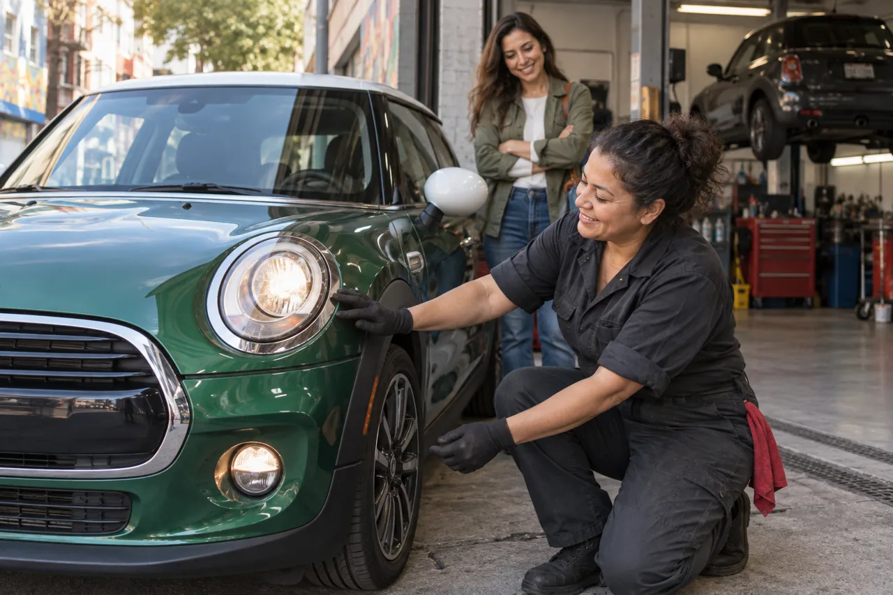 Technician checking the exterior lights of a green MINI-style hatchback with its owner nearby