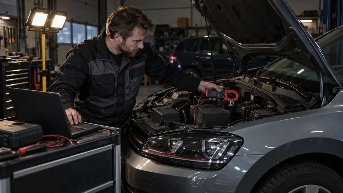 Electrical specialist measuring key-off current on a European hatchback at night