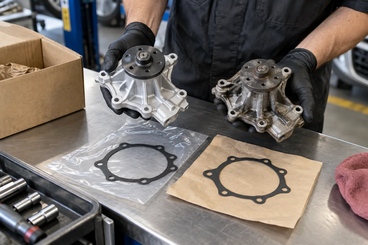 Technician comparing new and used water pumps and their gaskets