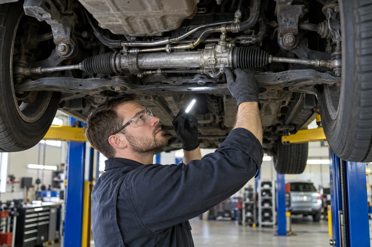 Technician inspecting a steering rack, linkages, boots, and hydraulic lines beneath a vehicle