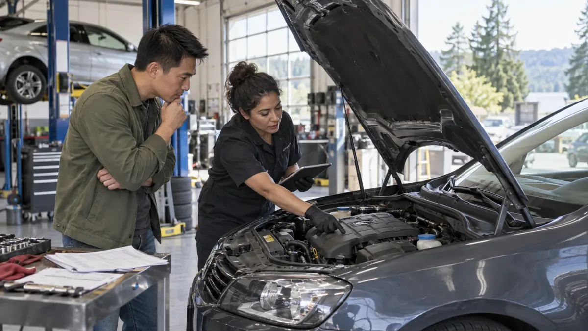 Buyer and independent technician inspecting a used European car in a bright workshop