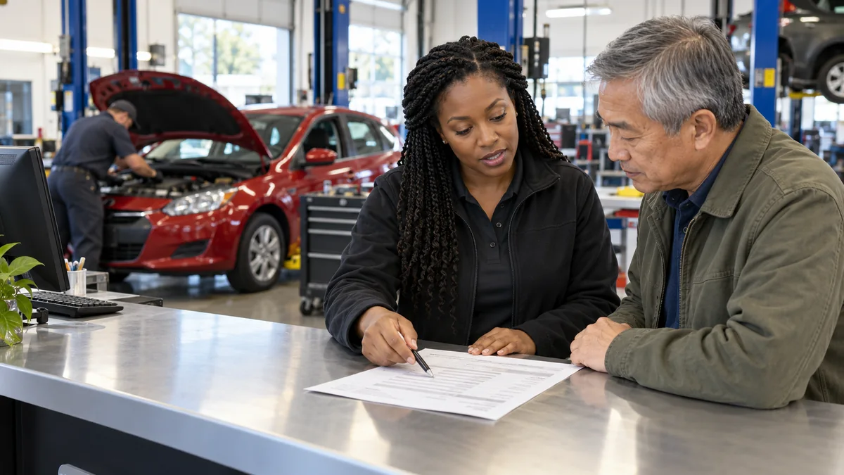 Service advisor and driver reviewing an itemized repair estimate in an independent U.S. workshop