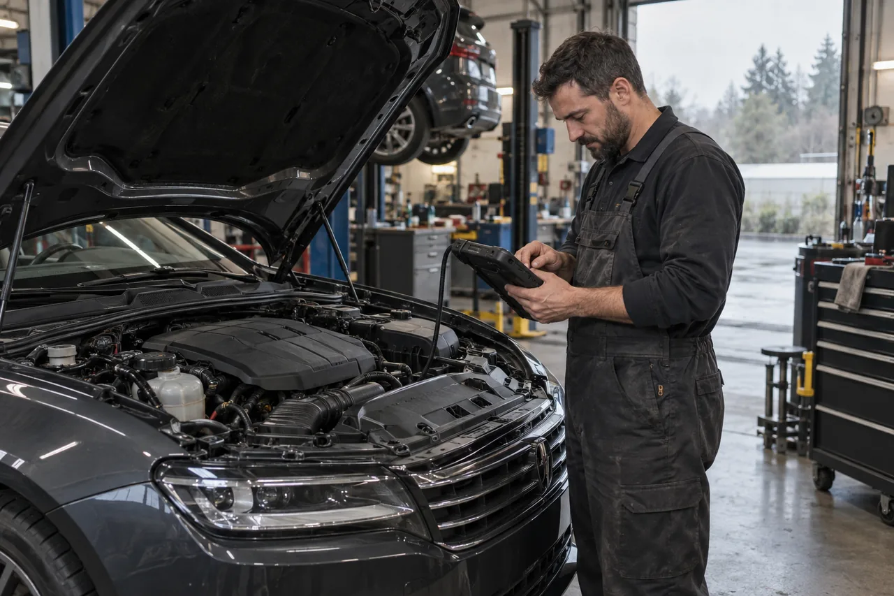 Technician diagnosing a vehicle in an independent repair workshop