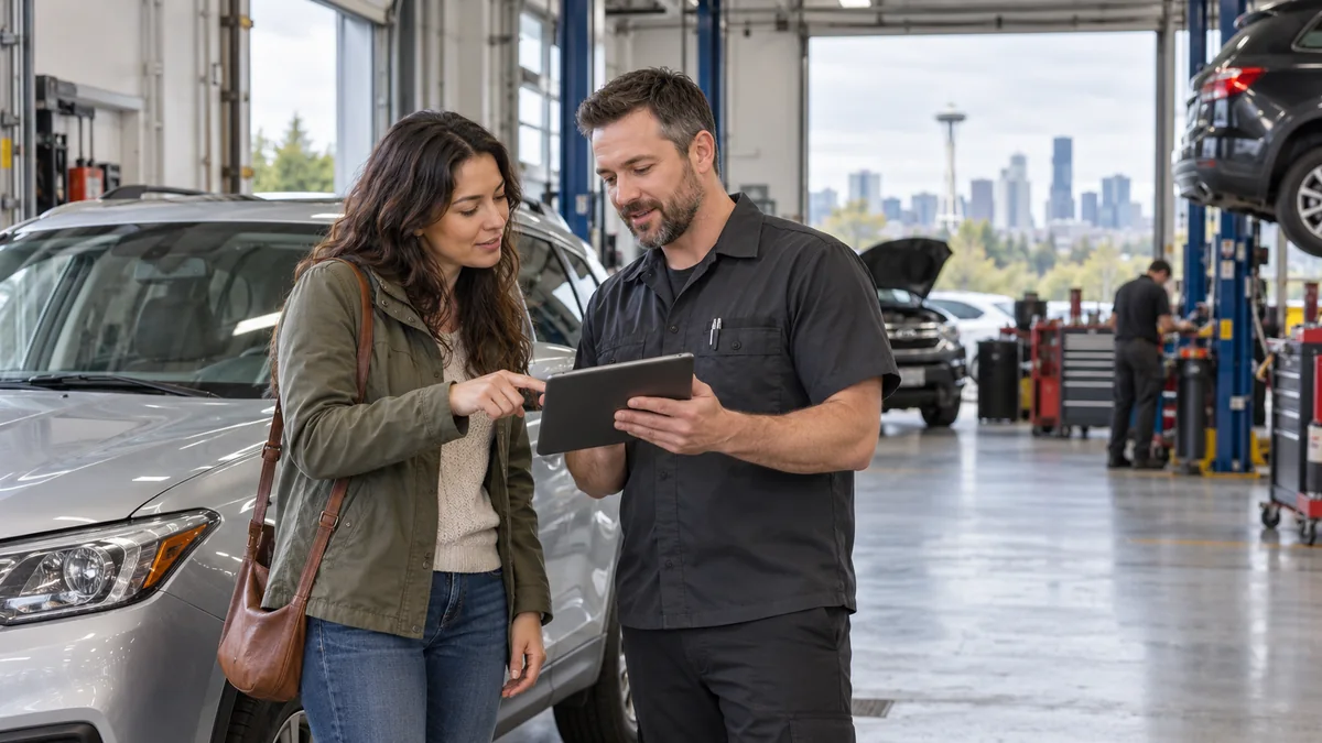Driver and service advisor comparing repair shop options in a Seattle-area workshop
