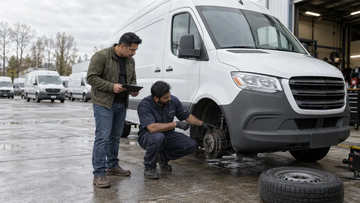 Mobile service operator discussing a Mercedes-Benz Sprinter inspection with a technician
