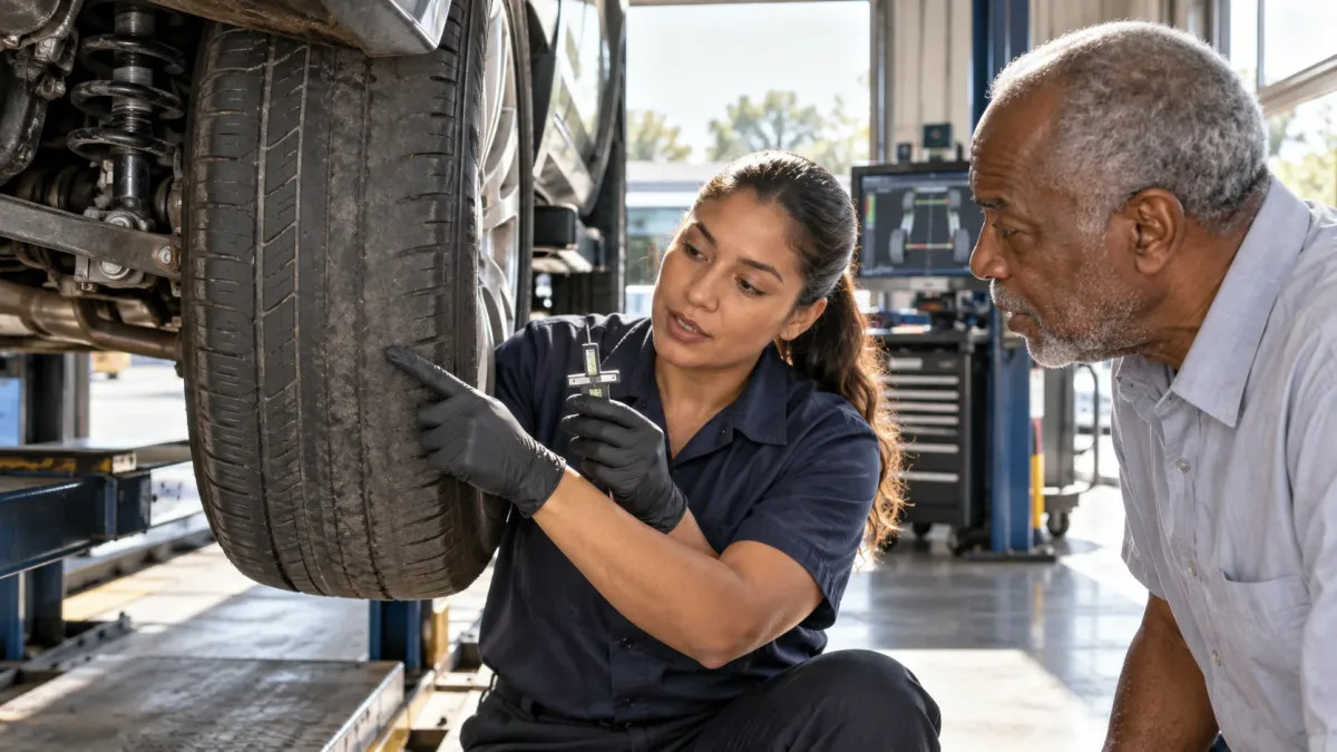 Technician comparing tire wear and alignment readings in a daylight service bay