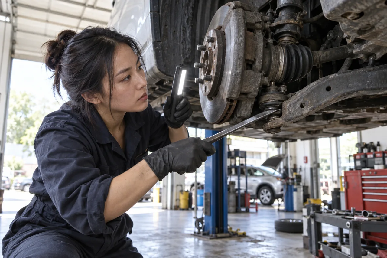 Female technician inspecting a lifted vehicle suspension and wheel bearing with a work light
