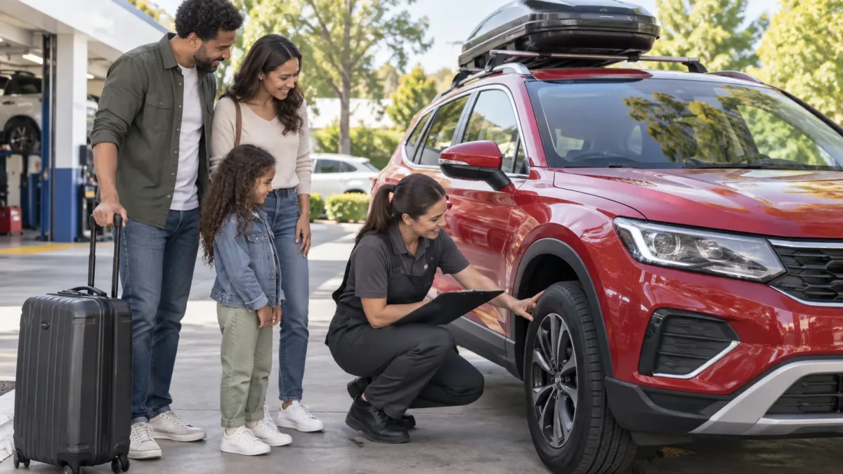Family and technician reviewing a Volkswagen Tiguan before a regional road trip