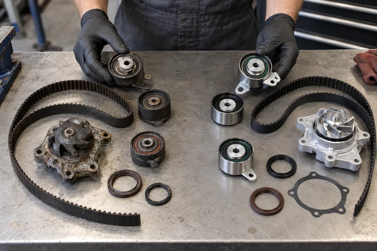 Old and new timing belt, tensioners, idlers, seals, and water pump compared on a workbench