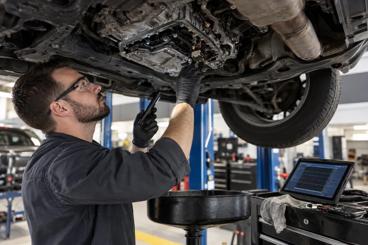 Technician inspecting an automatic transmission while reviewing diagnostic data