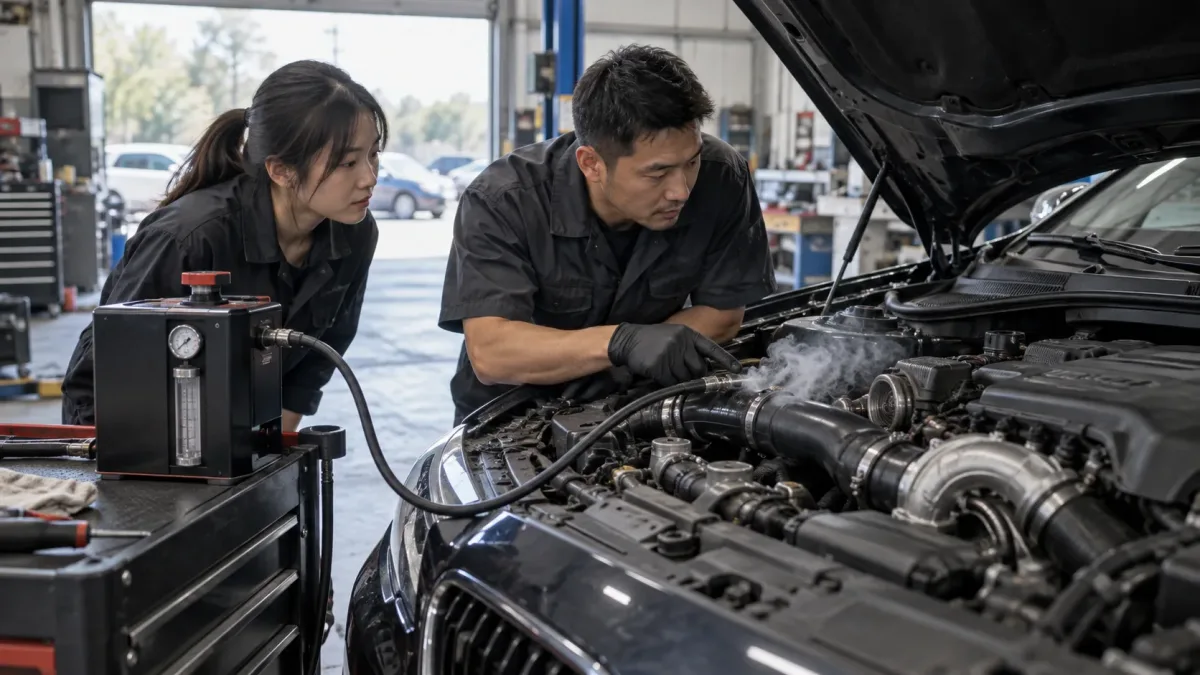 Technician smoke-testing turbocharger charge-air plumbing on a European sedan