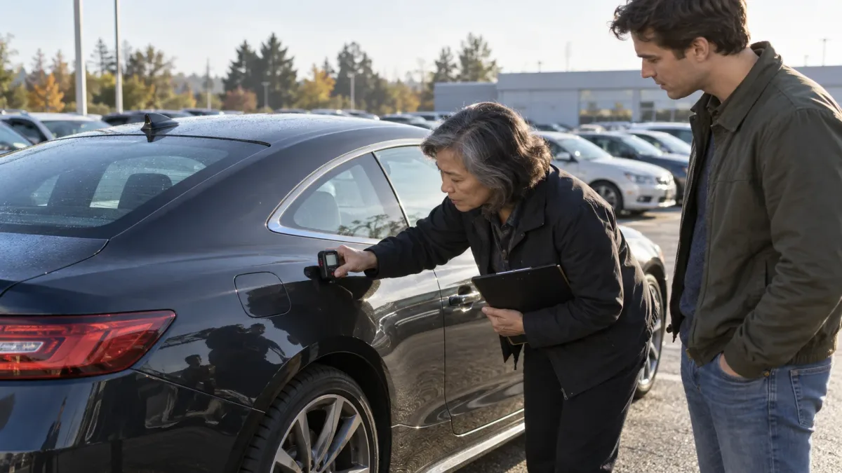 Independent inspector examining a used European coupe outdoors in daylight