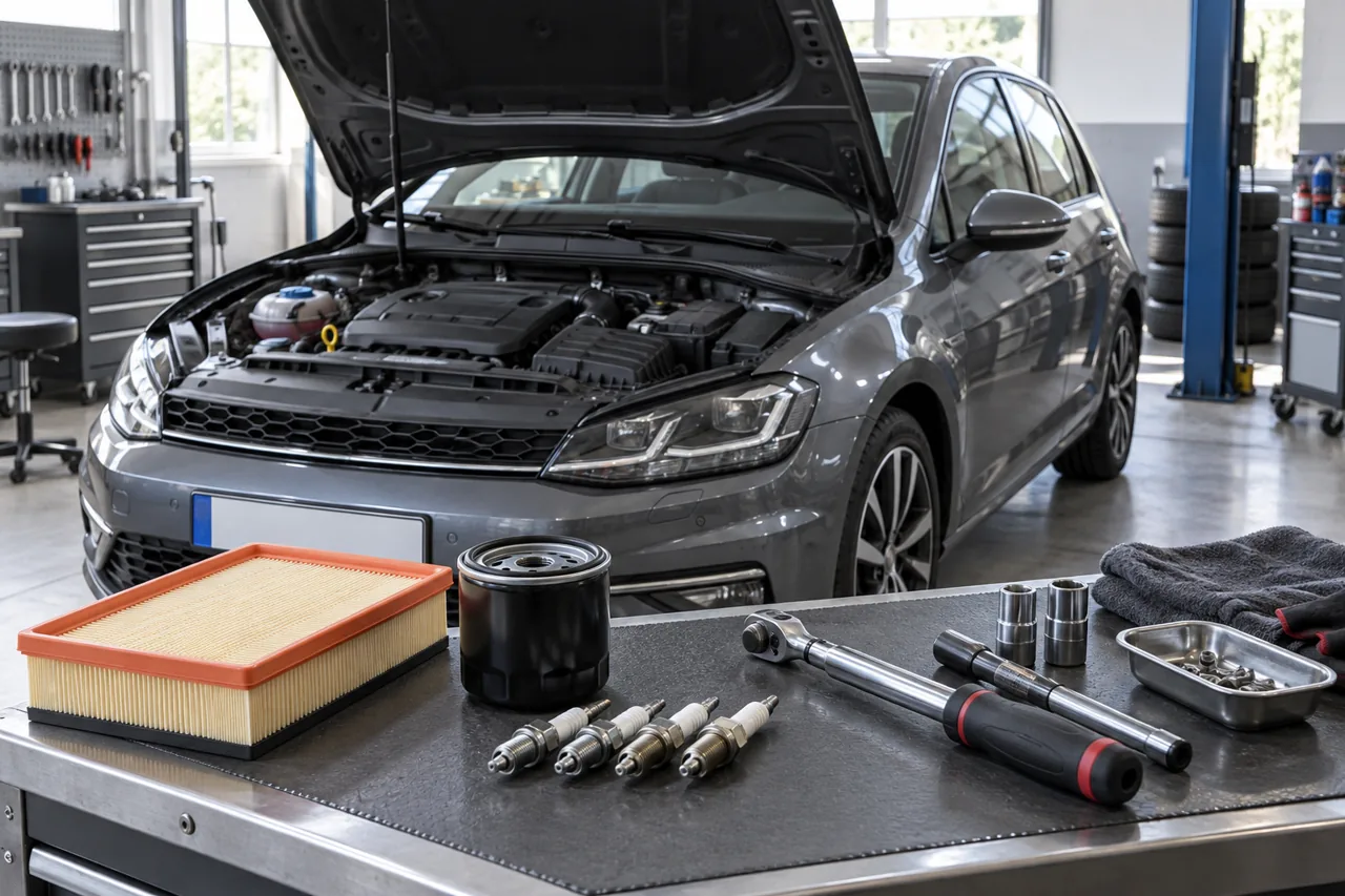 European hatchback and maintenance parts arranged for a vehicle-specific service review