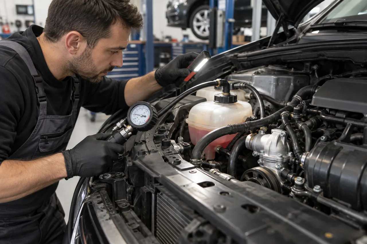 Technician tracing a cooling-system leak before replacing a water pump