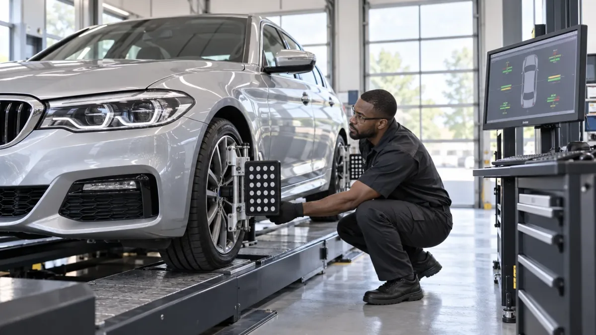 Alignment technician measuring a silver European sedan on a four-wheel rack